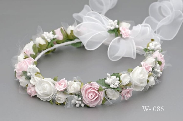 wianek-komunijny-biały-różowe-różyczki-ozdoba-na-komunię W-086.jpg Śliczny Wianek na pierwszą komunię