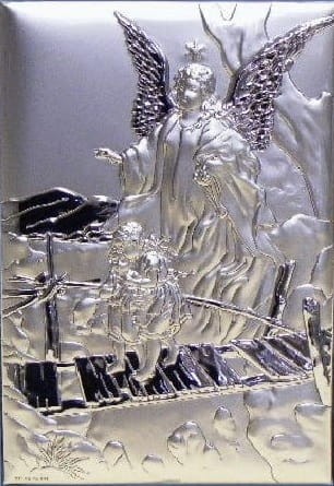 obrazek-sakralny-posrebrzany-pamiatka-na chrzest-ANIOŁ STRÓŻ Z DZIEĆMI NA KŁADCE .jpg