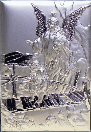 obrazek-sakralny-posrebrzany-pamiatka-na chrzest-ANIOŁ STRÓŻ Z DZIEĆMI NA KŁADCE .jpg