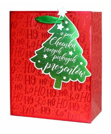 torebka-prezentowa-na Boże narodzenie-z połyskiem i przywieszką-CZERWONY-CHOINKI i PŁATKI SNIEGU Nr 2.jpg