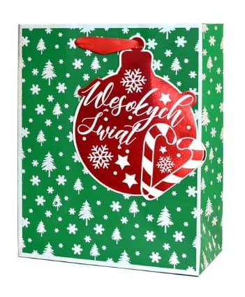 torebka-prezentowa-na Boże narodzenie-z połyskiem i przywieszką-ZIELONY-CHOINKI i PŁATKI SNIEGU Nr 1.jpg