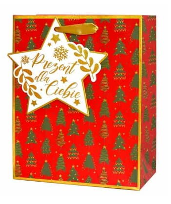 torebka-prezentowa-na Boże narodzenie-z połyskiem i przywieszką-CZERWONY -CHOINKI Nr 3.jpg